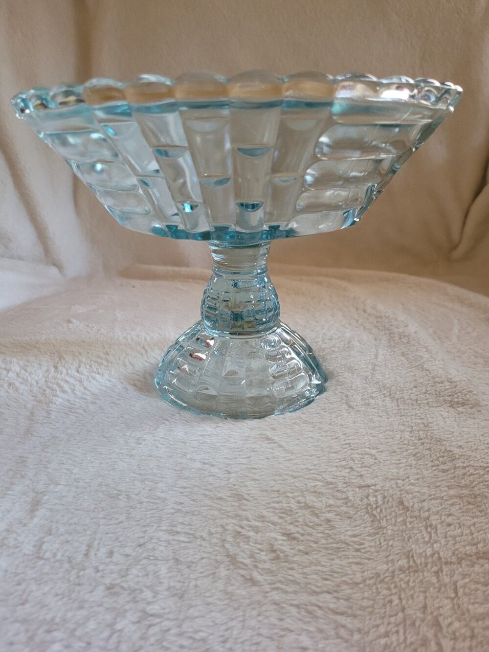 Vintage Jeannette Glass Louisa Ice Blue Footed Compote Fruit Bowl Basketweave